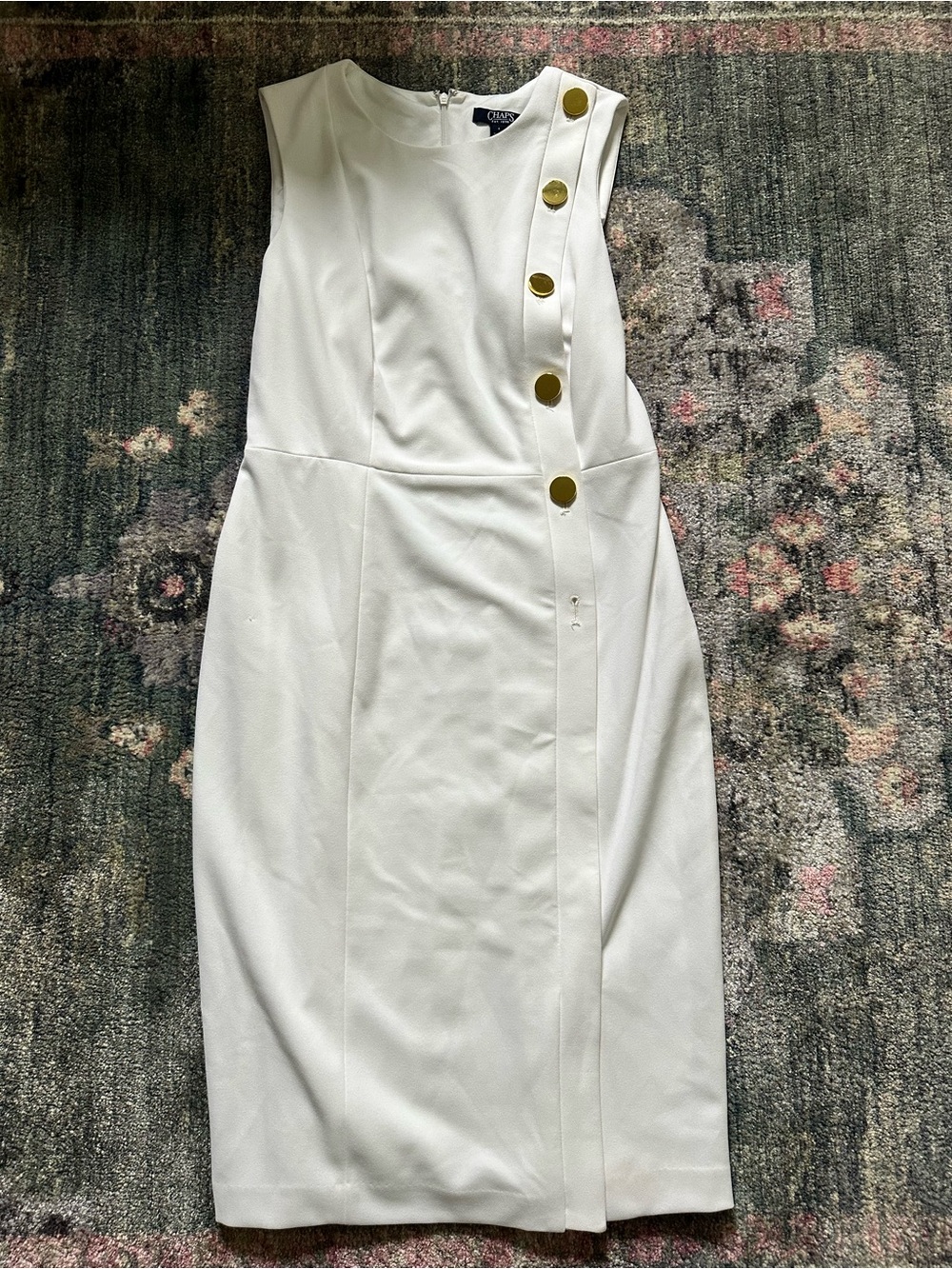 Chaps White Sleeveless Sheath Formal Dress with Gold Buttons Luxury Business NWT